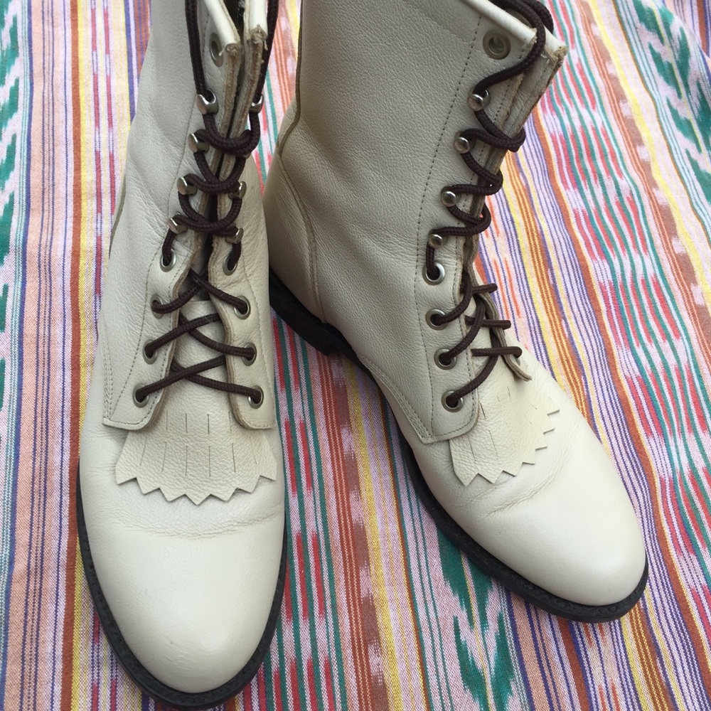 Vintage Justin Granny Roper Boots Lace up Cream